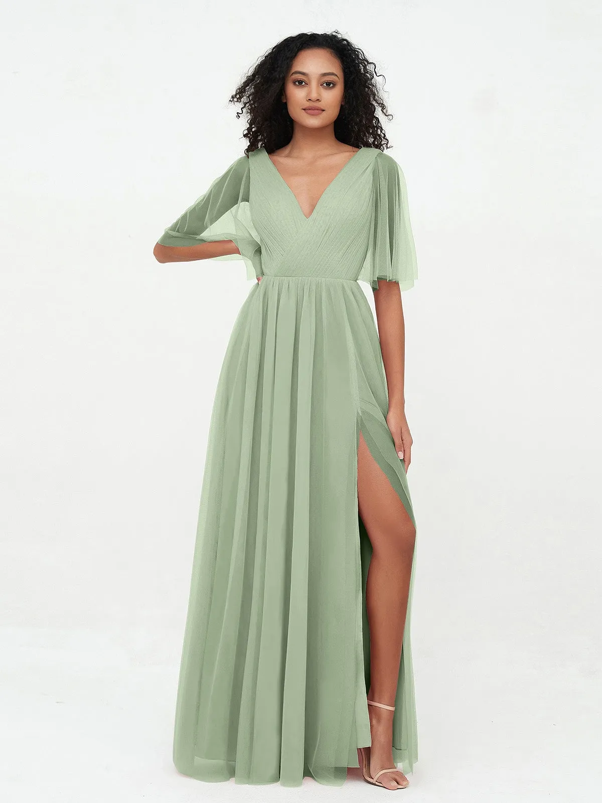 A-ligne Col en V Robes Maxi en Tulle avec Dos en V Profond Sauge Poudrée Grande Taille