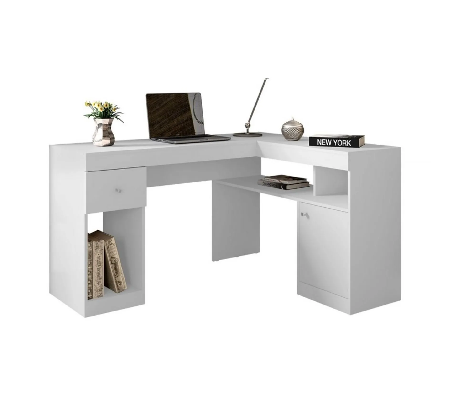 Bureau D'angle Blanc Avec Caisson Et Rangements L 137.2 H 75.5 P 111.6 Cm
