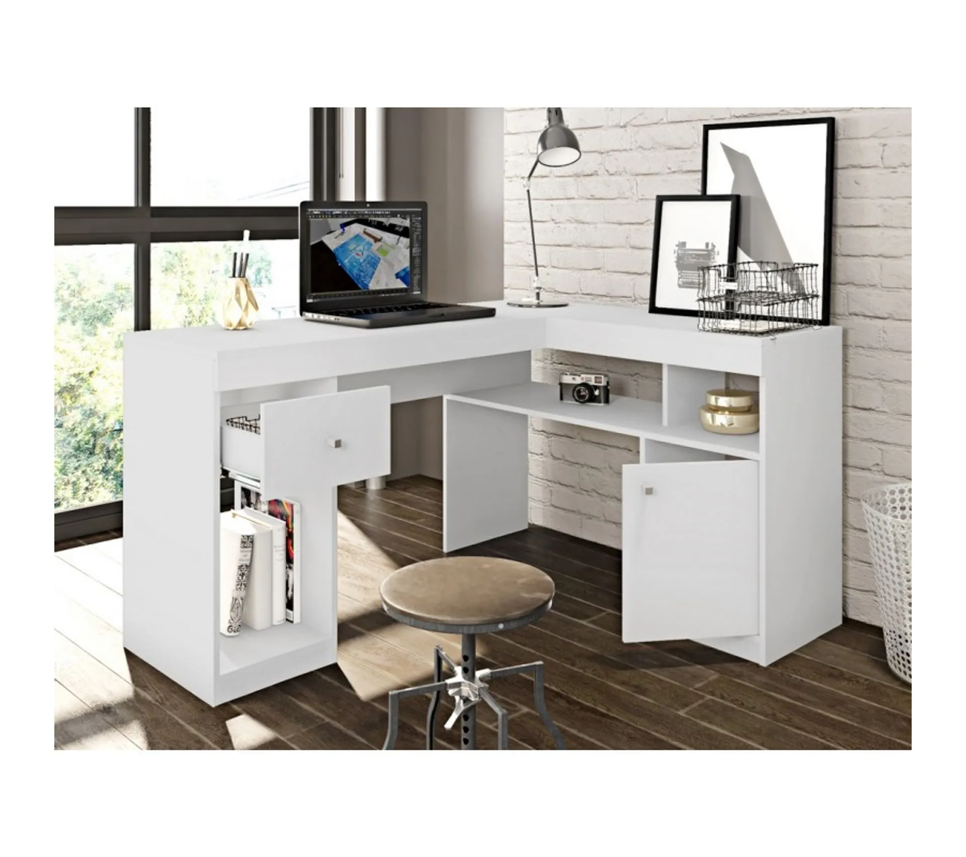Bureau D'angle Blanc Avec Caisson Et Rangements L 137.2 H 75.5 P 111.6 Cm